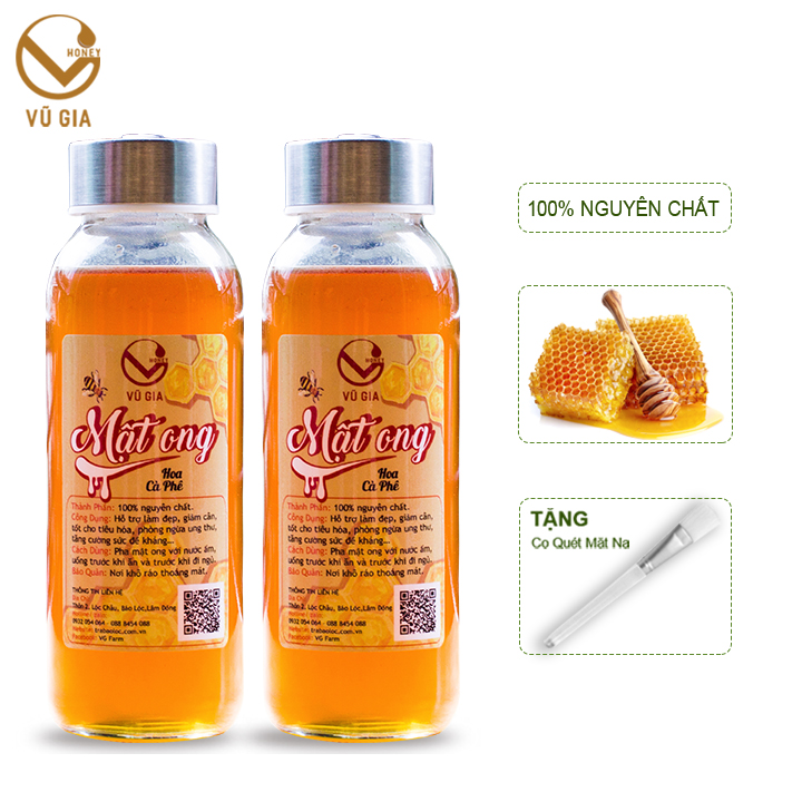 Combo 2 Mật Ong Hoa Cà Phê Nguyên Chất Vũ Gia (420g/hũ) + Tặng Cọ Quét - Hỗ trợ dạ dày, tiêu hóa, đắp mặt nạ dưỡng da, tẩy tế bào chết, phục hồi da tổn thương sau mụn - Đã được kiểm nghiệm y tế