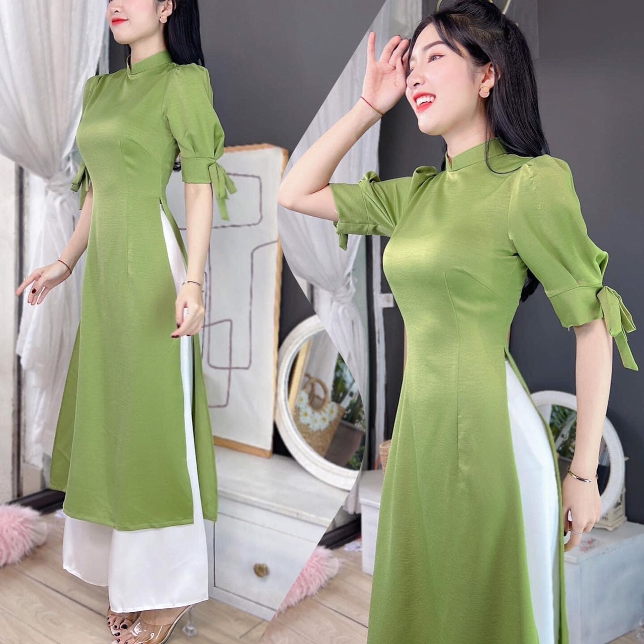 Bộ áo dài cách tân tay phối nơ vai bồng