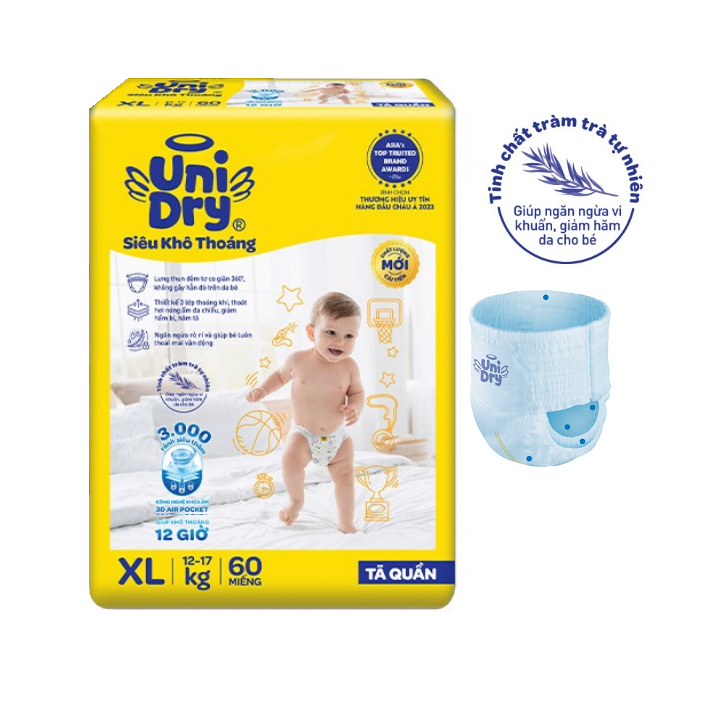Bỉm / tã quần unidry size xl60 mẫu mới siêu khô thoáng cân nặng 12-17 kg