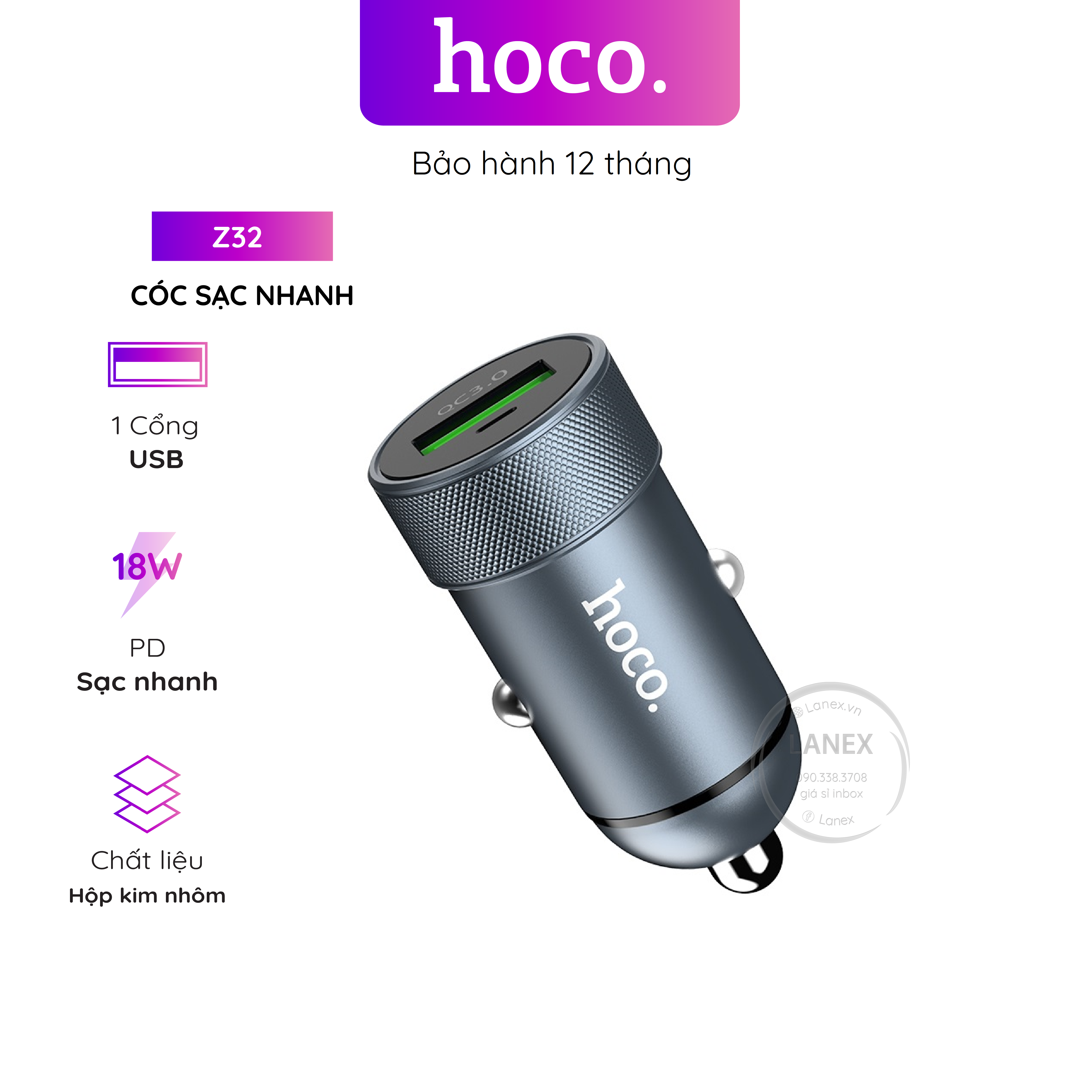 Cóc sạc nhanh hoco z32 xe hơi 1 cổng usb qc3.0a 18w