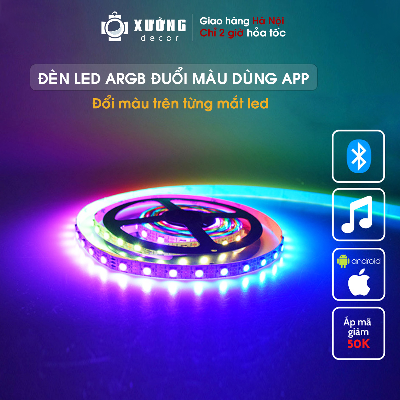 Đèn led ARGB WS2812B hiệu ứng đuổi màu kèm nguồn điều khiển qua App cảm biến nhạc quay TikTok có chế độ Soundwave
