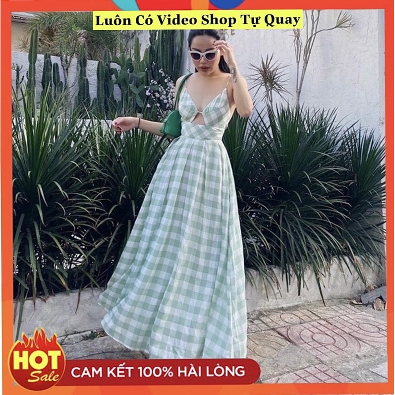 Đầm maxi caro khoét 2 dây - Maxi Ngọc Lan