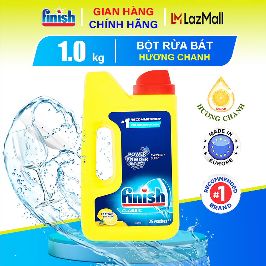 Bột rửa chén bát Finish 1kg hương chanh lemon sparkle nhập khẩu châu Âu - Can Bột Finish rửa chén 4 tính năng rửa sạch mà siêu tiết kiệm