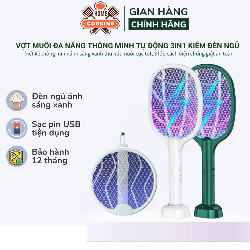 Vợt Muỗi Thông Minh, Vợt Bắt Muỗi Thông Minh 2in1 Thiết Kế Mới Với Đèn Ánh Sáng Xanh UV Thu Hút Muỗi Cực Tốt Kiêm Đèn Ngủ, Dung Lượng Pin 1200mAH, Thiết Kế 3 Lớp Cách Điện Chống Giật An Toàn