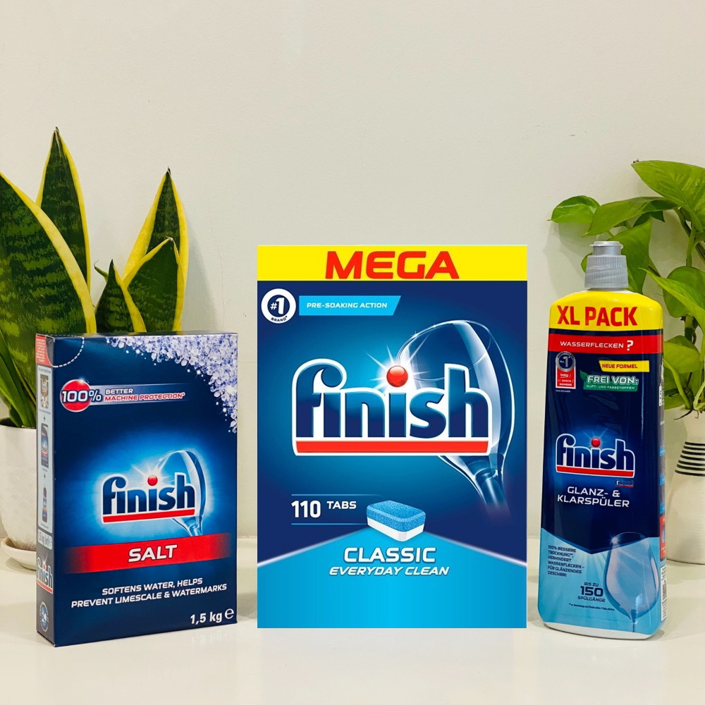 Combo Viên rửa bát Finish 110 tabs + muối rửa bát finish 1.2kg + Nước bóng finish 750ml chuyên dùng cho máy rửa bát, combo Viên finish classic + Muối finish + Dầu bóng finish