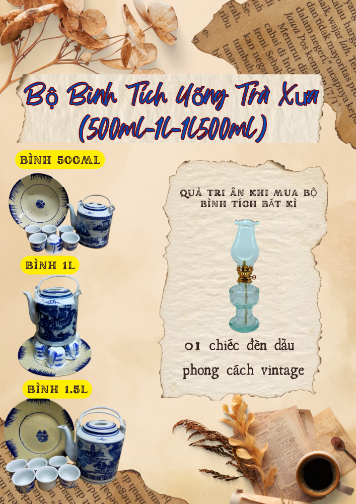 Bộ bình tích uống trà 500ml-1l-1l500ml kèm đèn dầu