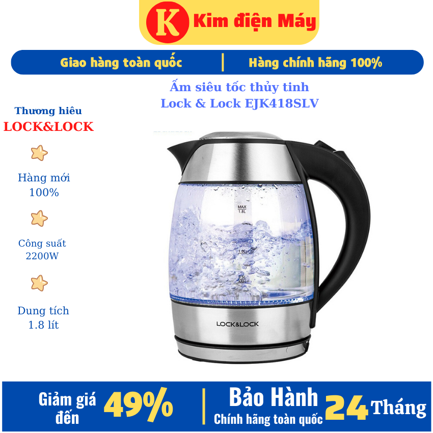 Ấm siêu tốc thủy tinh lock & lock ejk418slv ,bảo hành 12 tháng toàn quốc