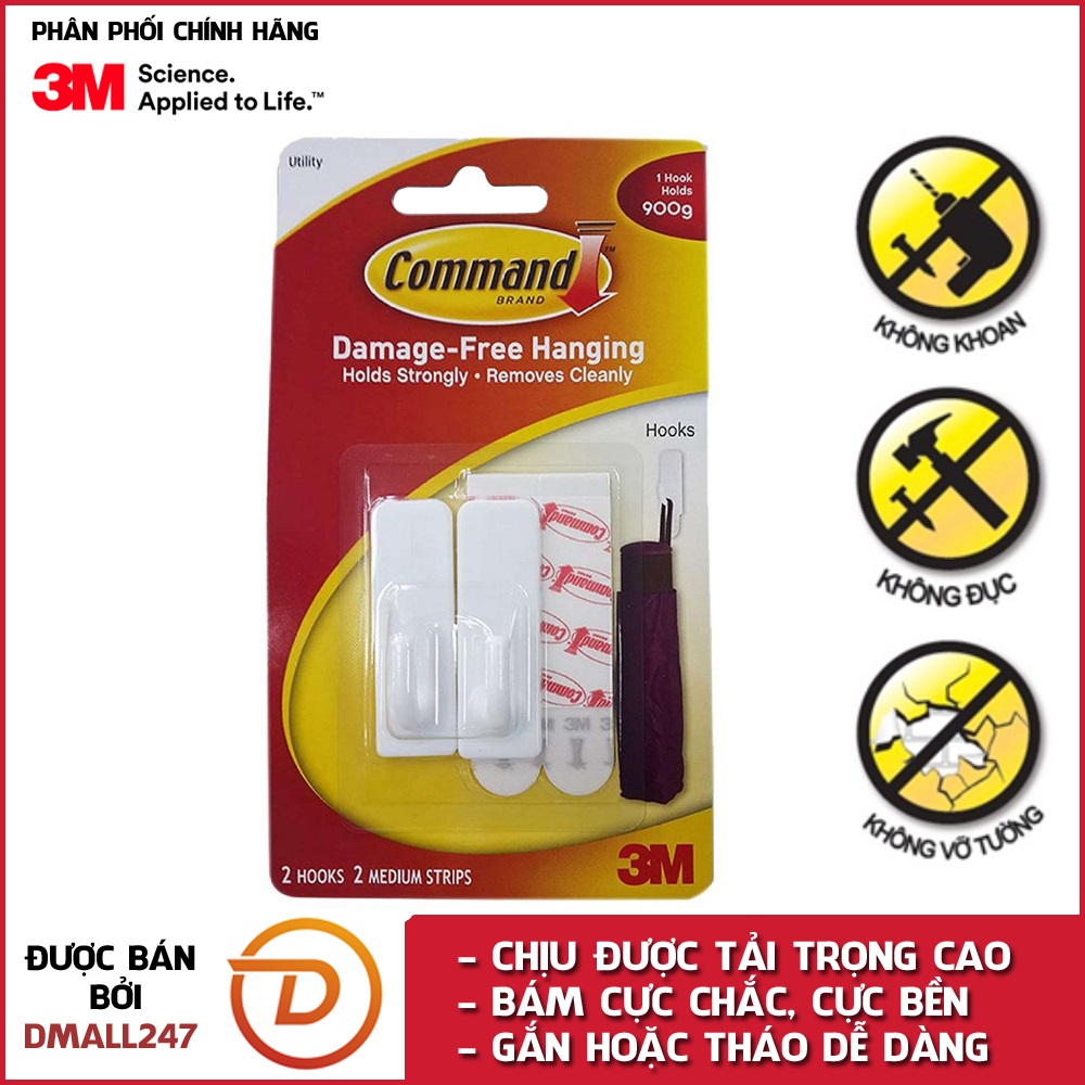 Bộ 2 móc treo tường cường lực siêu dính 900g Command 3M 17501 - Dmall247, móc dán tường, siêu dính, bền bĩ