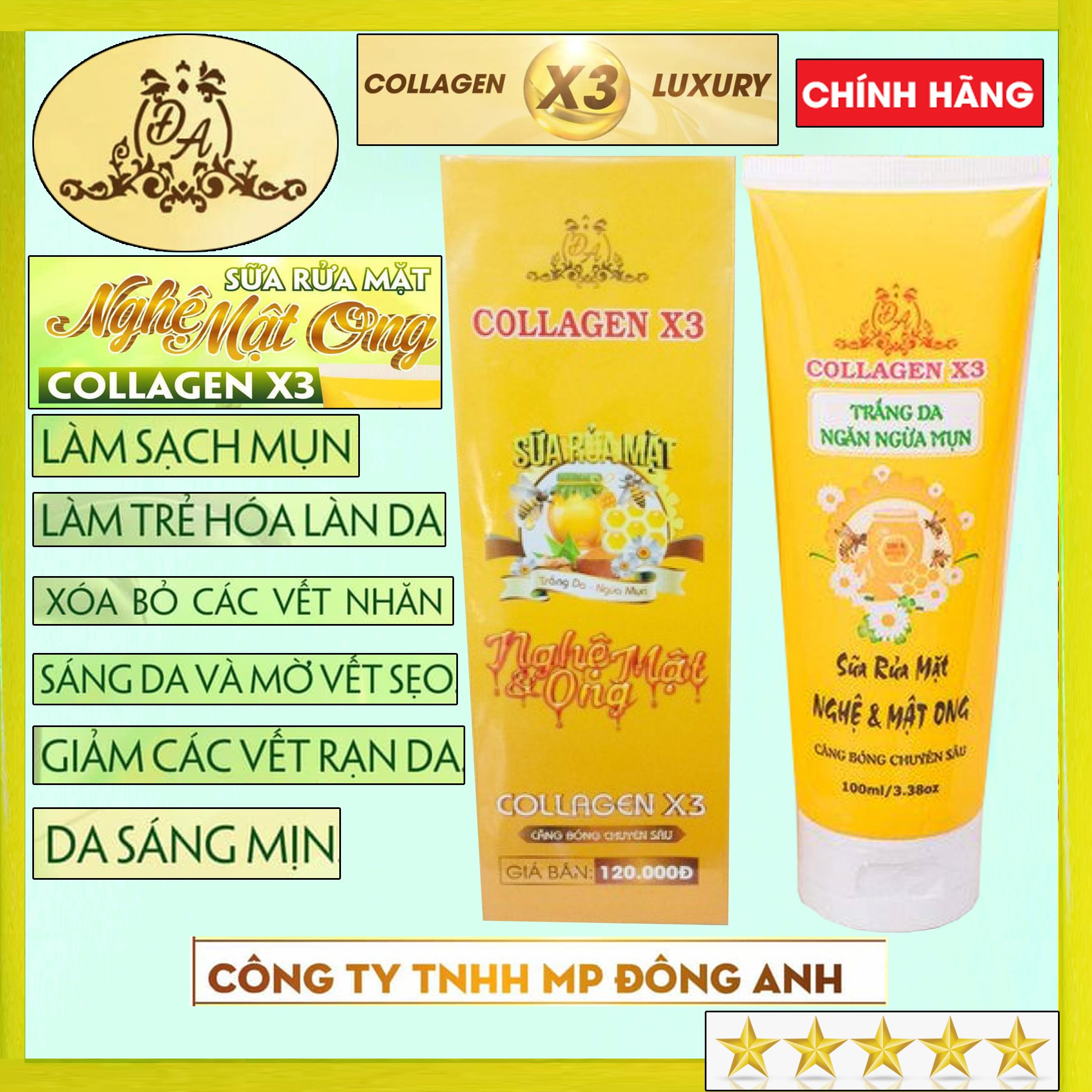 Sữa rửa mặt trắng da ngừa mụn Nghệ & Mật Ong Collagen X3 – Căng bóng chuyên sâu 100ml/3.38oz