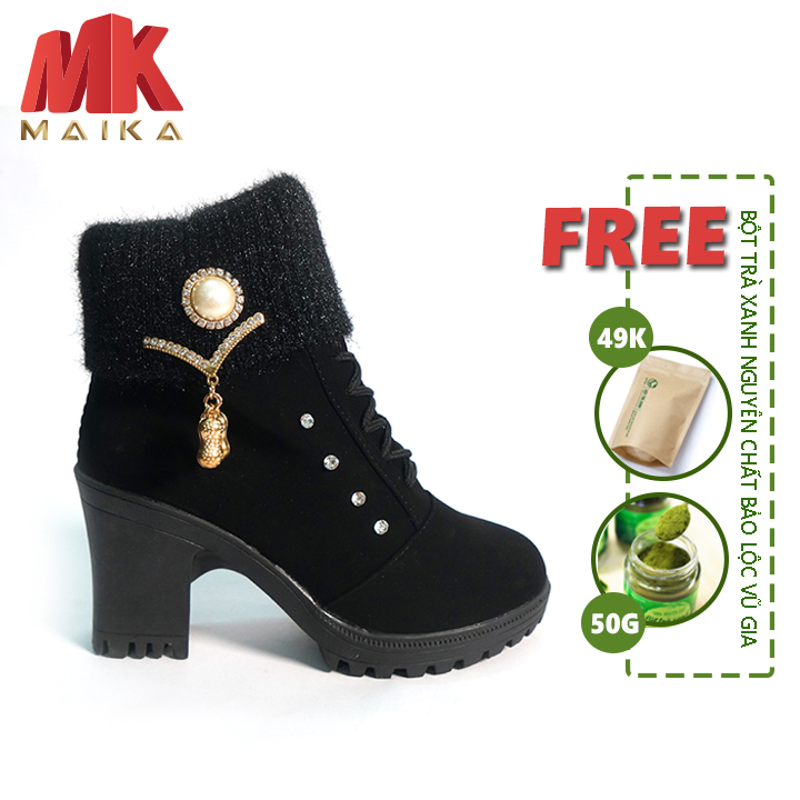 Giày boot nữ đế vuông S105 Đen MK STORE + Tặng Bột Trà Xanh Nguyên Chất Vũ Gia (50g/ túi)