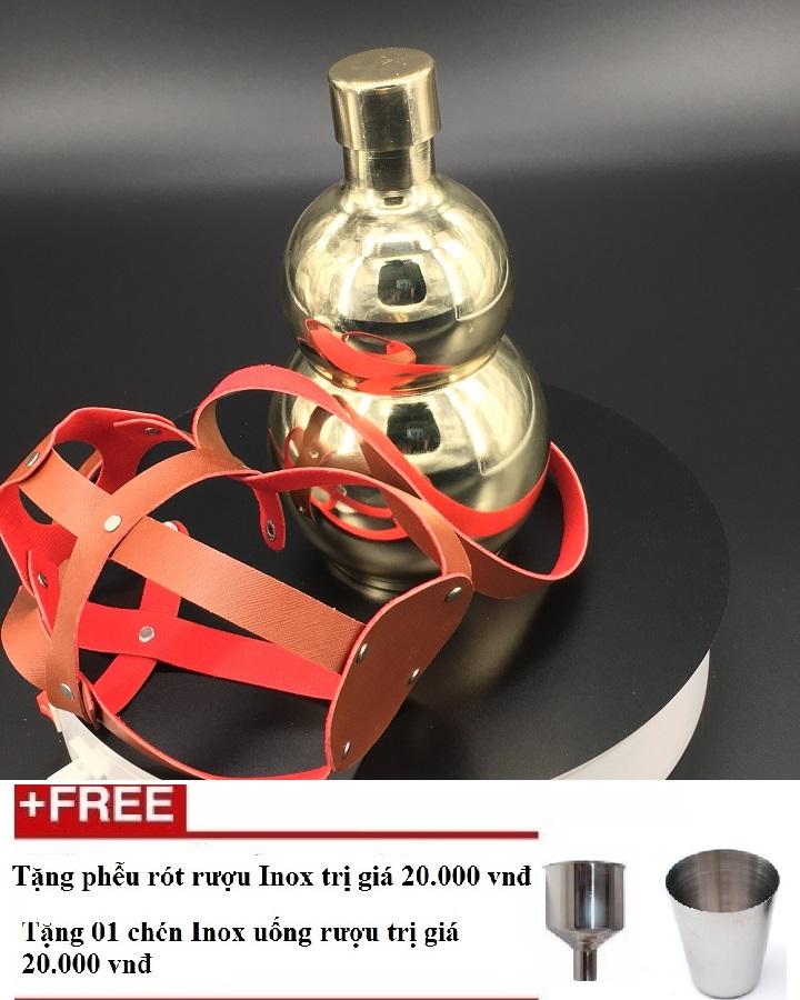 Bình Rươu Hồ Lô Inox 2L sáng bóng Có Bao Da shopaha247 tặng kèm phễu + chén (màu đồng, vàng, màu than bóng)