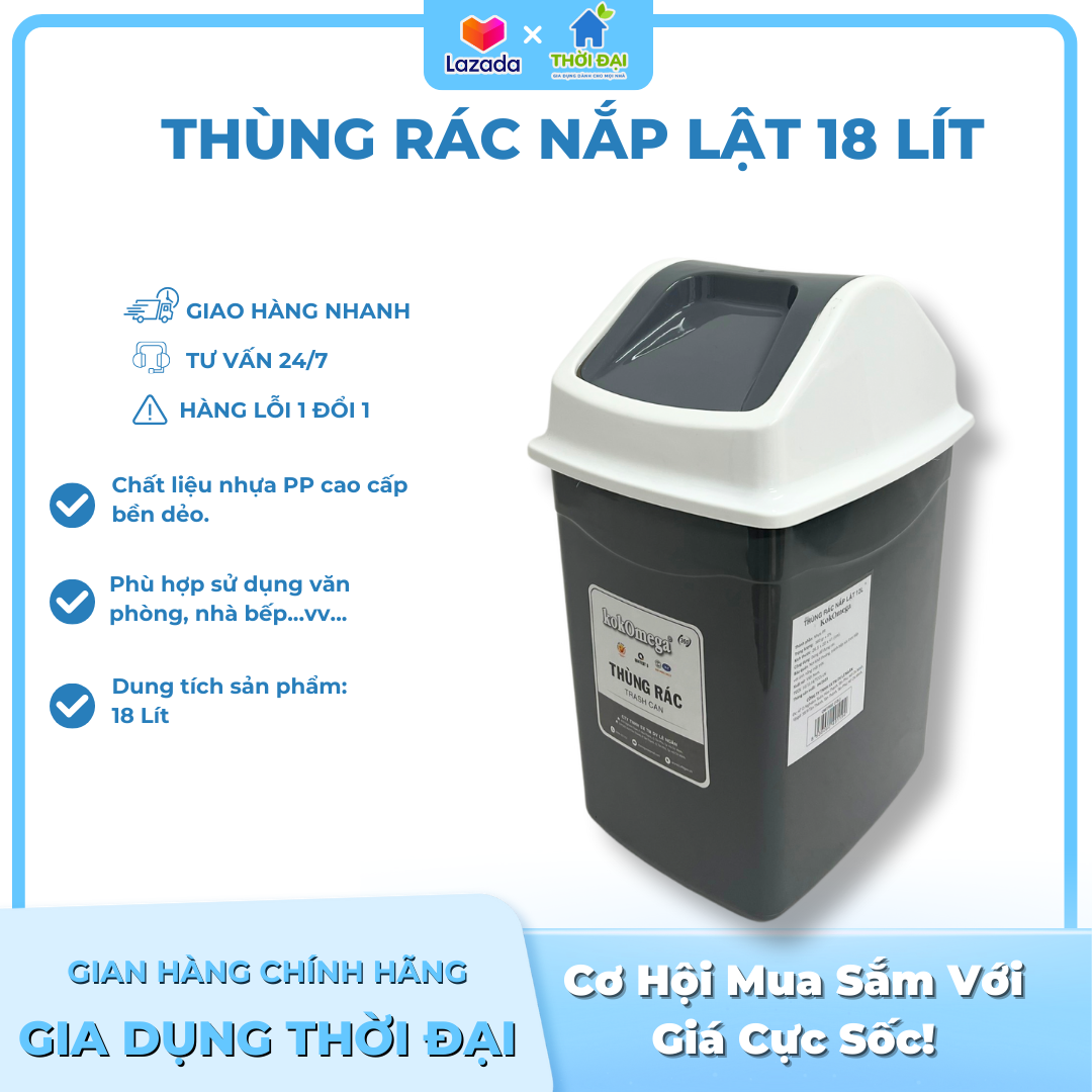 Thùng rác nhựa nắp lật kokomega 18 lít kt: 4256 cm