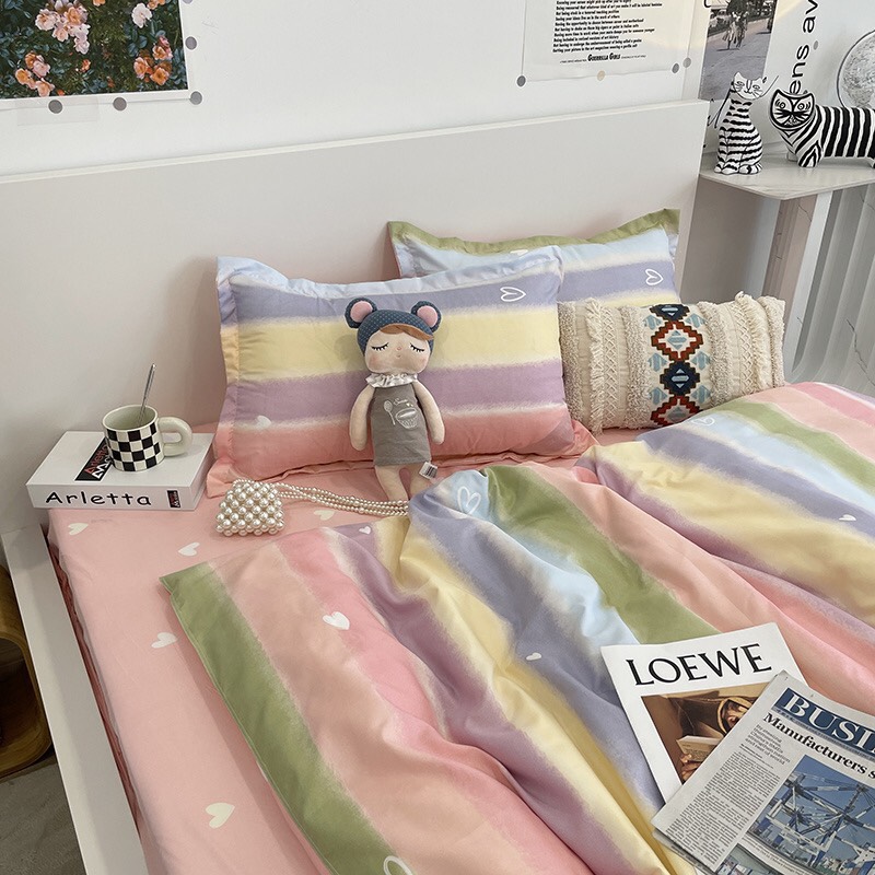 Bộ chăn ga gối cotton poly - Mẫu cầu vồng ga tim