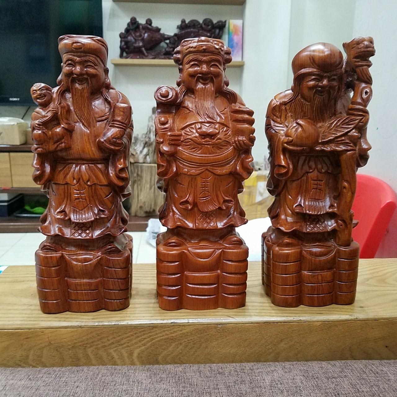Bộ tượng tam đa phúc lộc thọ gỗ hương liền khối, cao 30cm