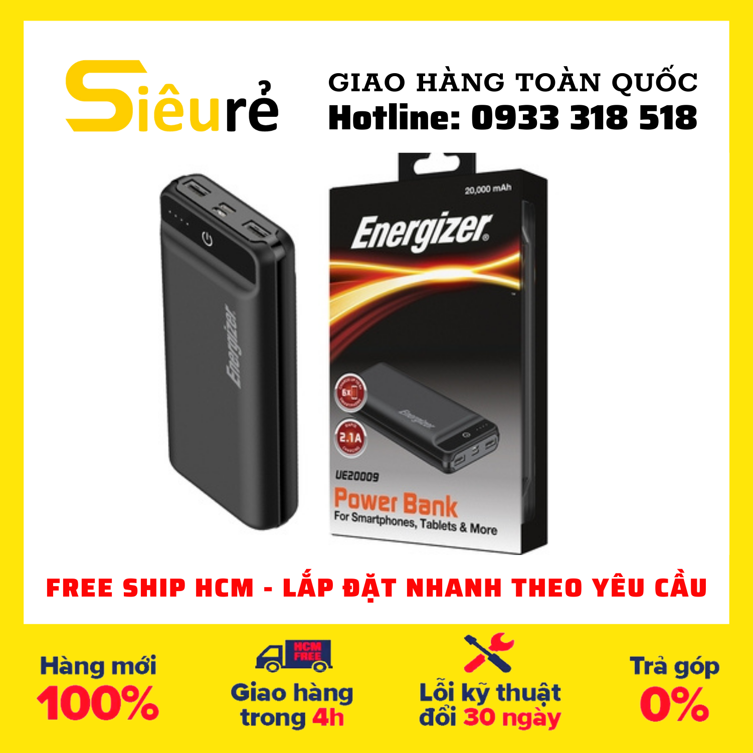 Pin sạc dự phòng energizer 20000mah/3.7v ue20009bk
