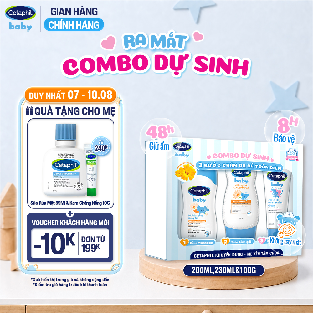 Combo dự sinh 3 bước chăm sóc da bé toàn diện Dầu Massage 200ML + Sữa tắm gội 230ML + Kem dưỡng ẩm 100G Cetaphil Baby