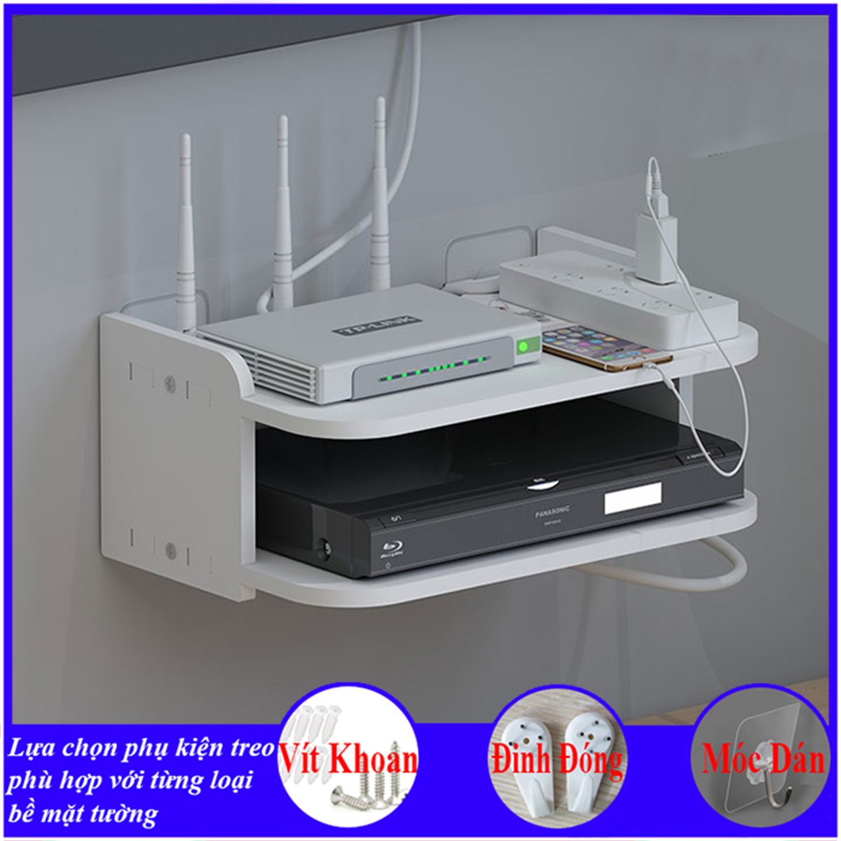 Kệ wifi treo tường không cần khoan, chất liệu gỗ cao cấp, màu trắng, chống nước tuyệt đối