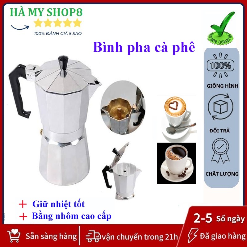 Bình pha cafe Moka cầm tay 300ml, Máy pha cà phê mini kiểu Ý hợp kim nhôm cao cấp, Ấm pha trà, cà phê pha phin chuyên dụng, Dụng cụ tạo bọt pha cà phê thông minh
