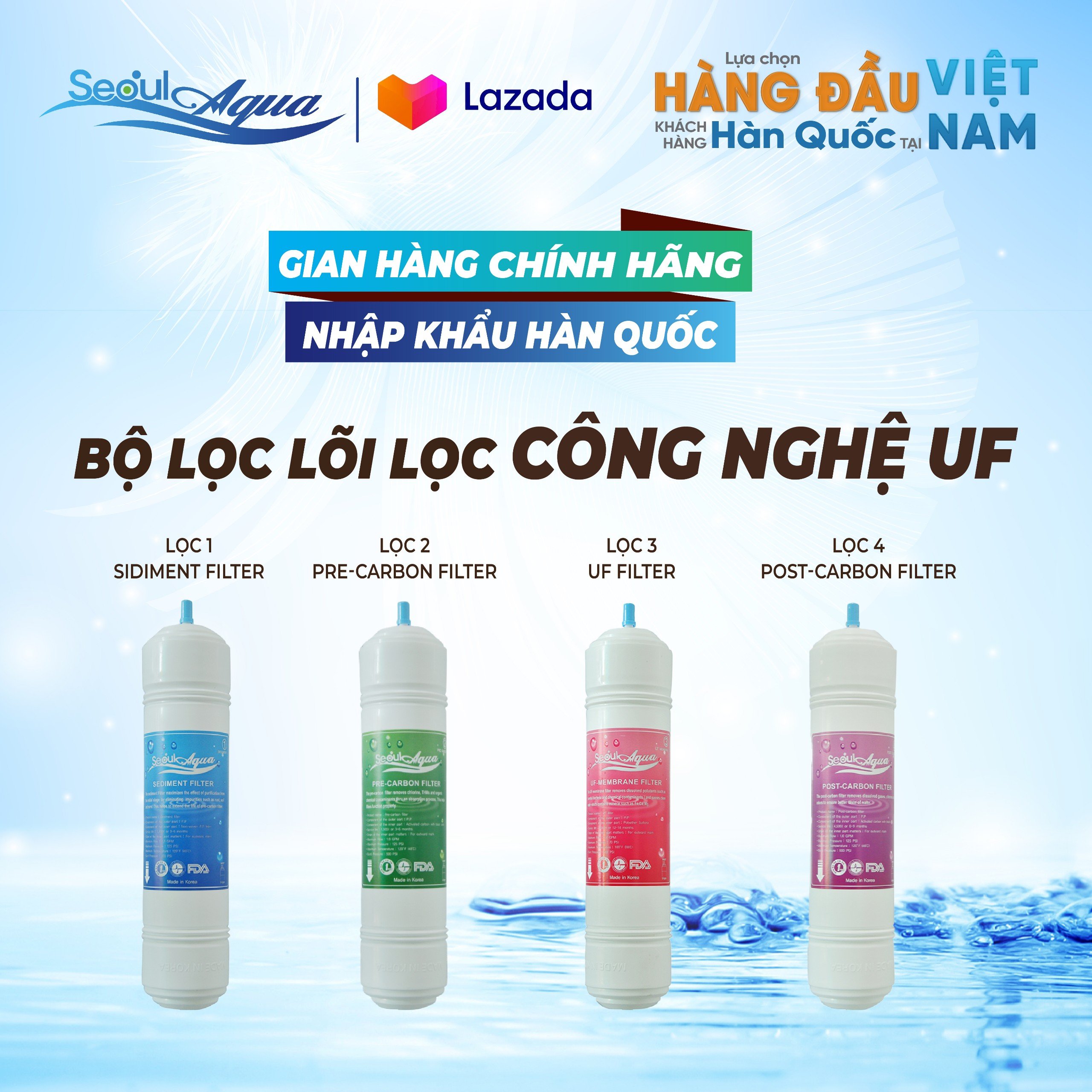 Bộ 4 lõi lọc 9in Seoul Aqua chính hãng Korea