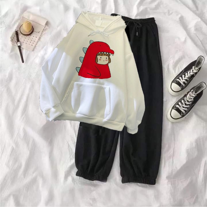 Sét bộ áo hodie khủng long đỏ cute quần bom đen