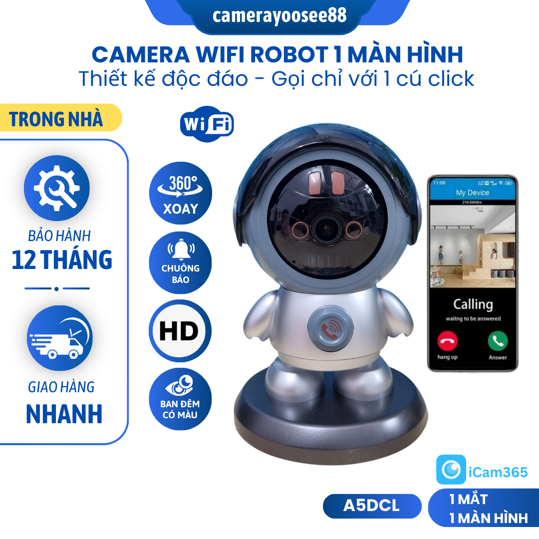 Camera wifi app icam365, thiết kế robot phi hành gia, gọi thoại 2 chiều chỉ với một nút nhấn, hình ảnh fhd