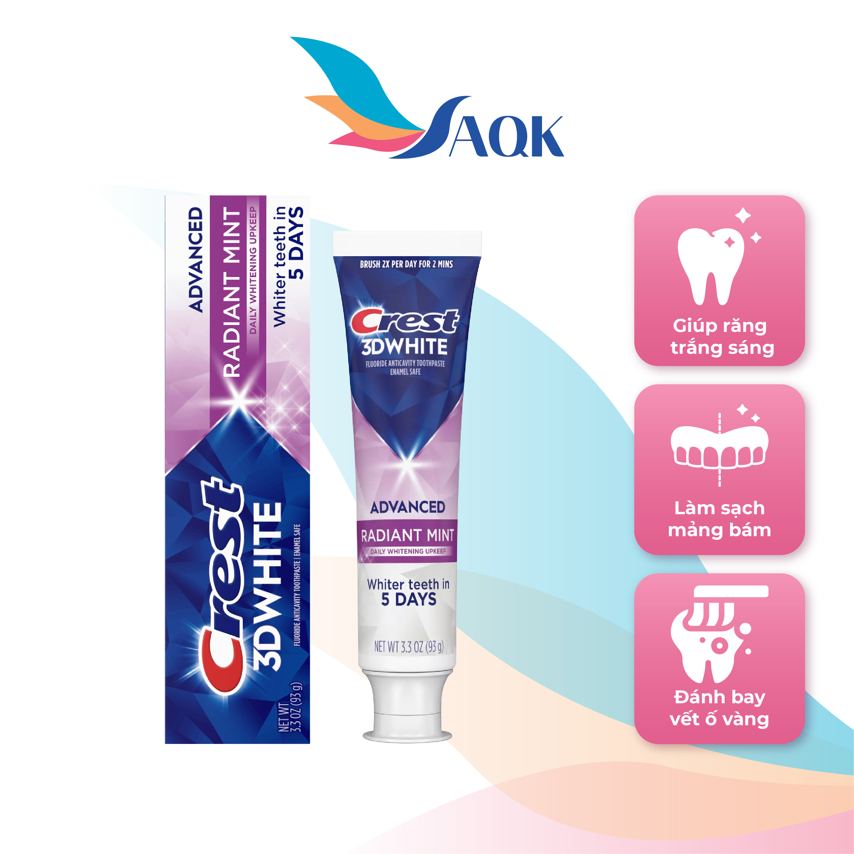 Kem đánh răng Crest 3D White Radiant Mint (93g) - Mang lại hơi thở thơm mát với hương bạc hà sảng khoái