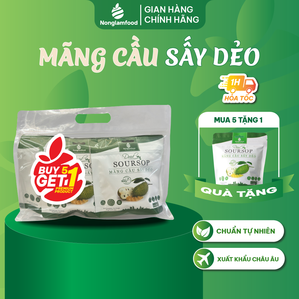 [Mua 5 tặng 1] Combo 5 túi Mãng cầu sấy dẻo Nonglamfood túi 75g | Giảm cân, đẹp da, giữ dáng hiệu quả, ăn vặt healthy snack