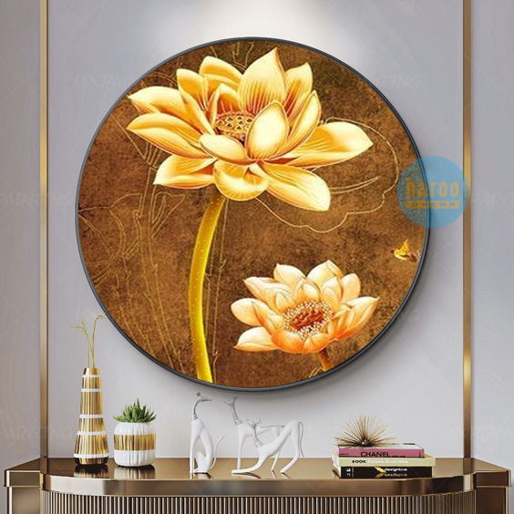 Tranh hoa sen nghệ thuật hình tròn - Tranh treo tường phòng khách - Tranh trang trí Spa, Studio...Size 40x40