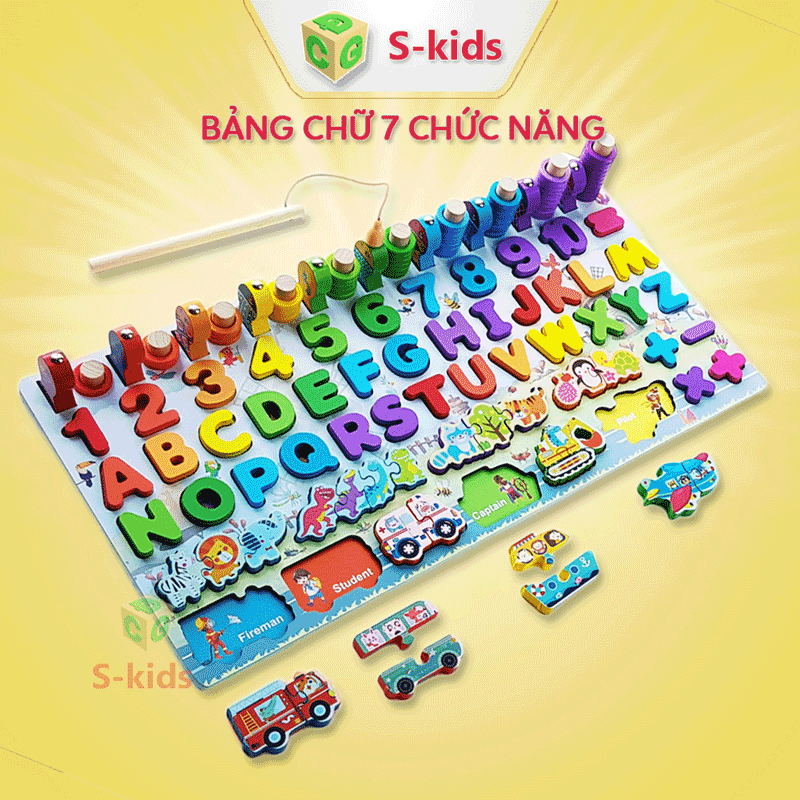 Đồ chơi bảng chữ cái thông minh S-kids, bộ trò chơi câu cá và ghép số học bằng gỗ cho bé.