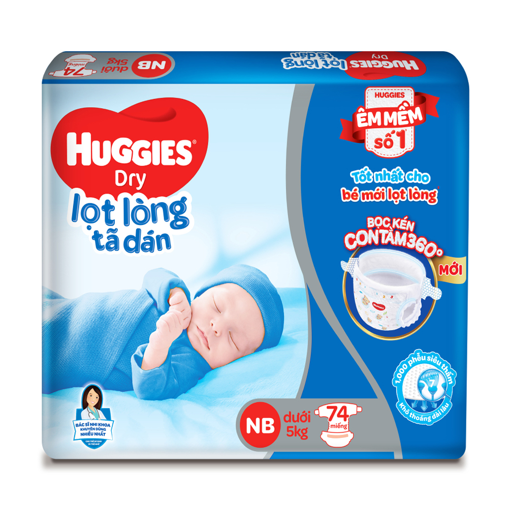 Tã dán sơ sinh huggies nb74 tặng 10m cho bé dưới 5kg