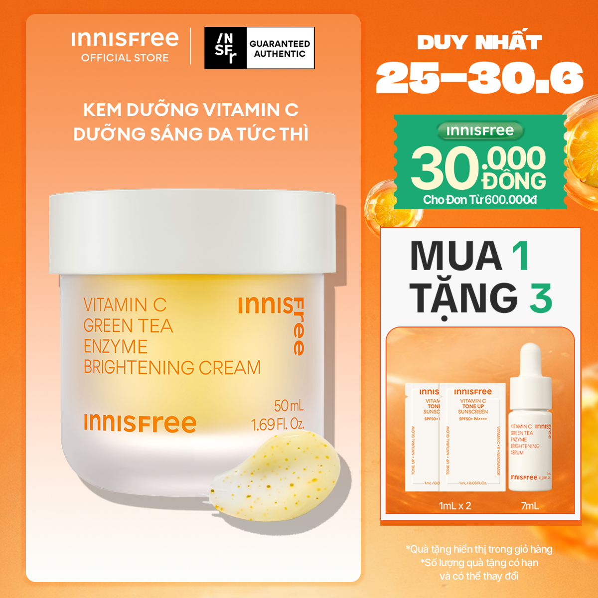 Kem dưỡng Vitamin C sáng da, mờ thâm dạng gel INNISFREE Green Tea Enzyme Brightening Cream 50ml