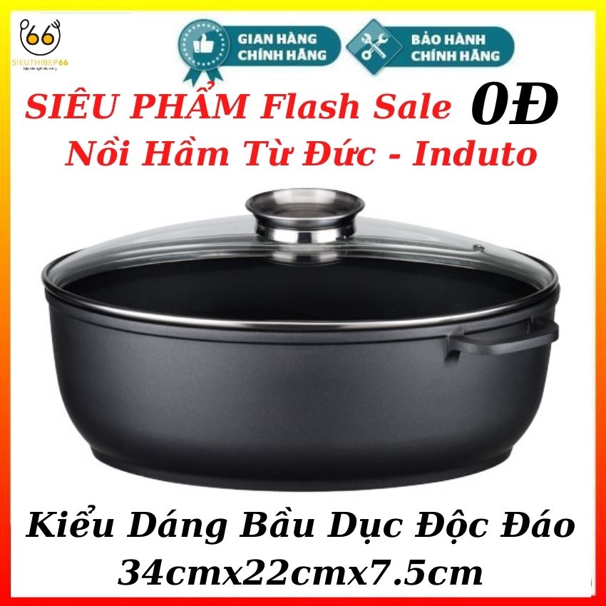 [Xả Kho 1 Ngày] Nồi Hầm Từ Elo Inducto Bầu Dục 34cmx22cmx7.5cm, Nồi Bếp Từ, Bếp Điện Chống Dính Kèm Vung Kính Sang Trọng