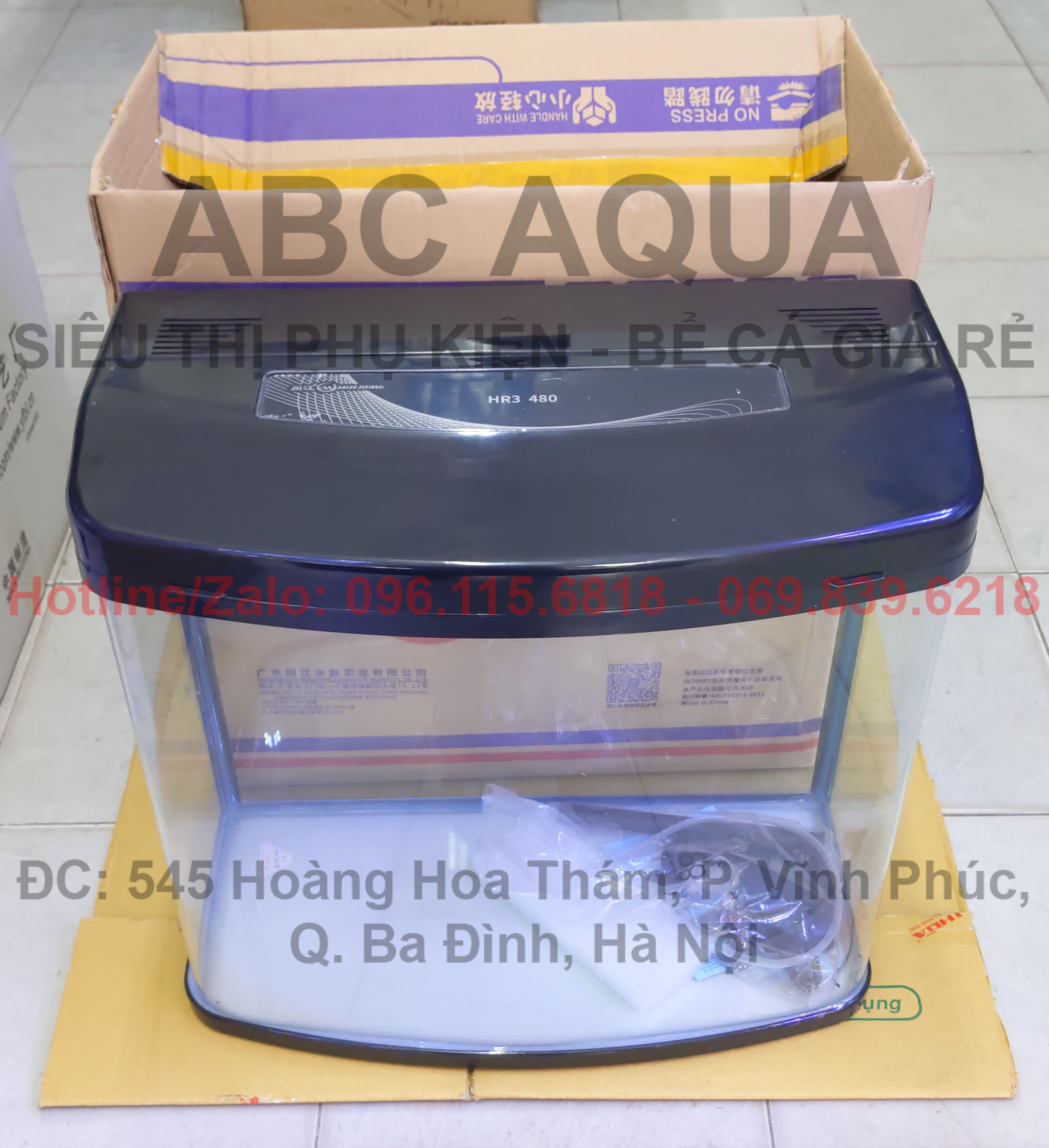 Bể đúc, bể cá để bàn văn phòng HR3 480, kính đúc nhập khẩu, kèm hệ thống lọc treo, đèn 3 màu