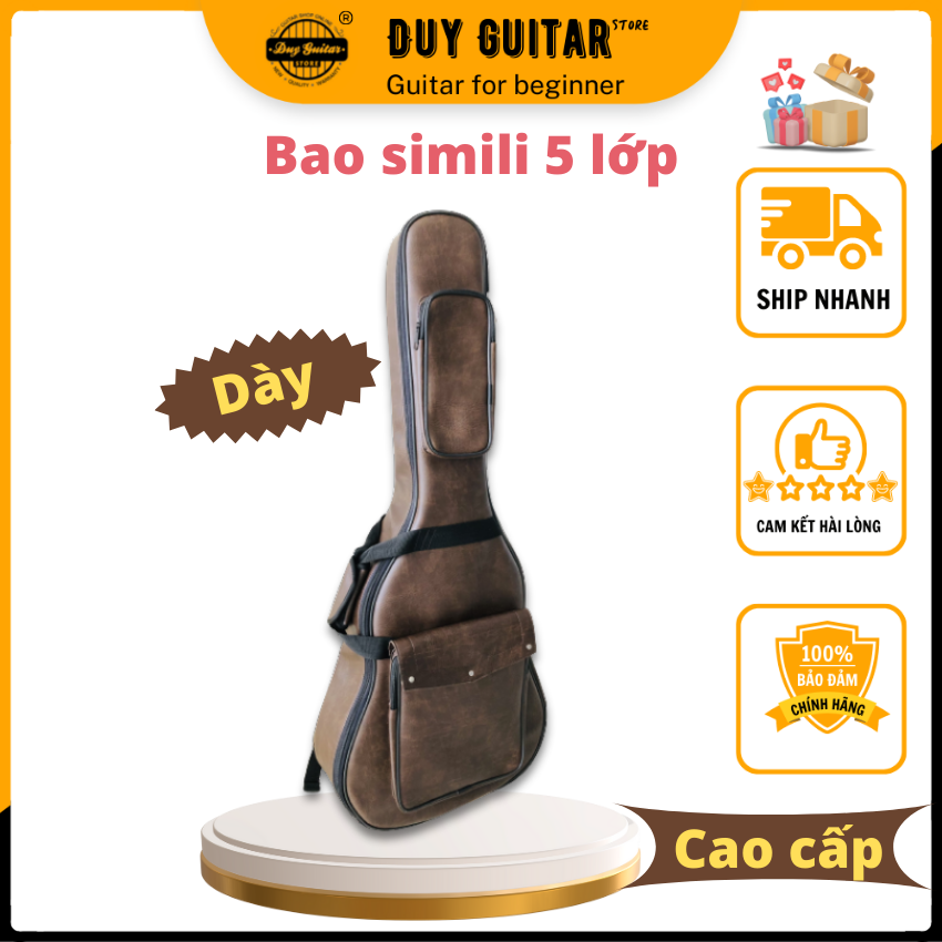 Bao đàn guitar cao cấp 5 lớp 2 túi màu nâu đất đựng vừa đàn guitar full size classic và acoustic Duy Guitar