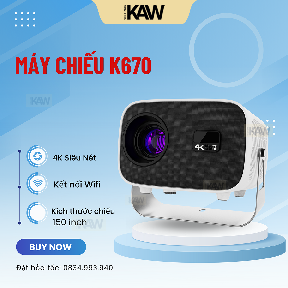 Máy Chiếu Mini Cao Cấp 4K K670 Mới Nhất 2024 Chính Hãng KAW Chất Lượng Siêu Nét Độ Sáng Cao Bảo Hành 12 Tháng, Lỗi 1 Đổi 1