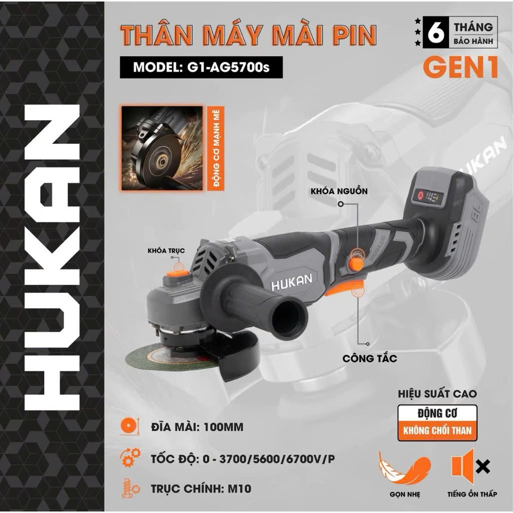  Thân Máy Mài Góc Hukan AG5700S Chân Pin Phổ thông 3 Cấp Chỉnh Tốc Độ Động cơ Brushless Không Chổi Than 