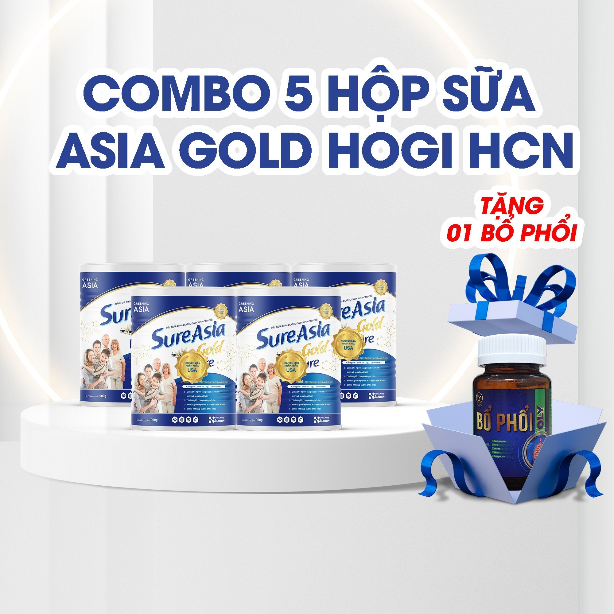 Combo 5 hộp sữa asia gold Hogi HCN 900gr tặng 1 hộp bổ phổi 30v