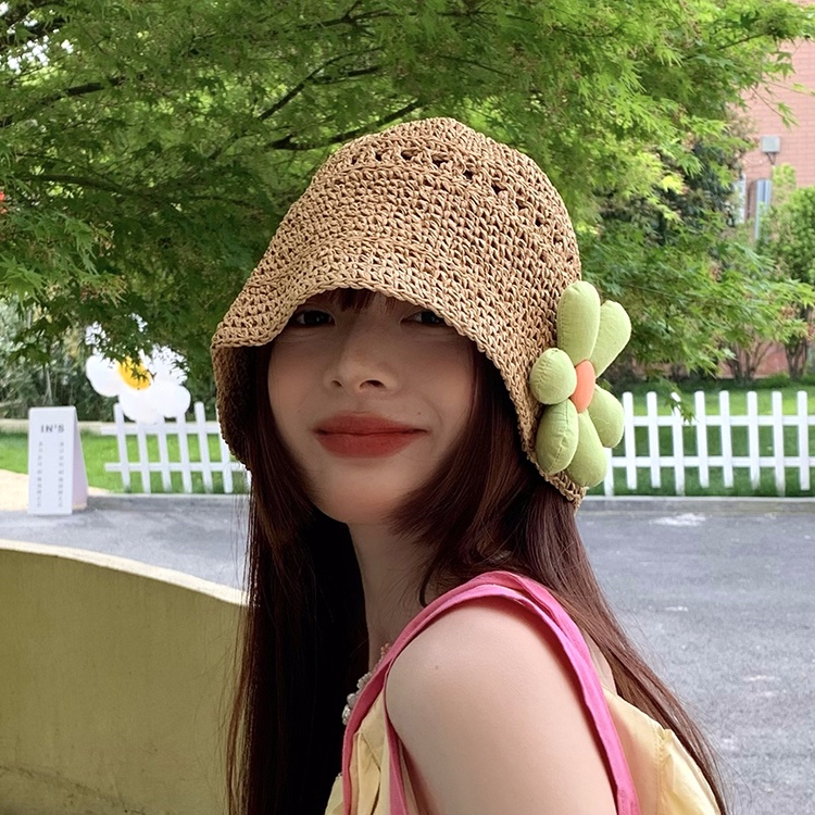 Straw Bucket Hat Cute Flowers Straw Hat Sweet Cute Sunshade Straw Hat Fashion Accessories Summer Face Cover Sun-Proof Bucket Hat