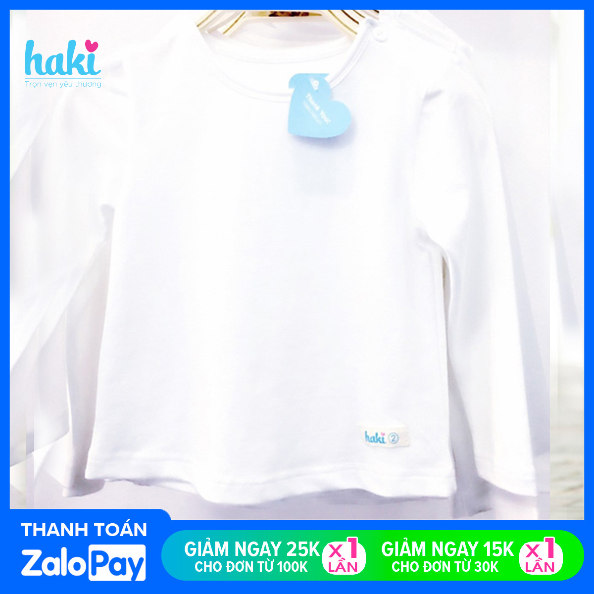 Áo dài tay cho bé trai bé gái màu trắng cài cúc vai HAKI, áo thun Cotton dài tay cho bé từ 10-26kg đơn giản, hàng chính hãng, xuất khẩu Canada HK015; áo cho bé