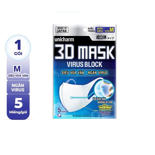 Khẩu trang unicharm 3d mask virus block size m 1 gói/5 cái