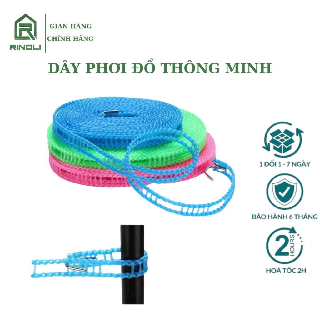Dây Phơi Đồ Thông Minh Cuộn 5M Có 2 Đầu Móc Treo Thép Không Gỉ Siêu Bền-RINOLI