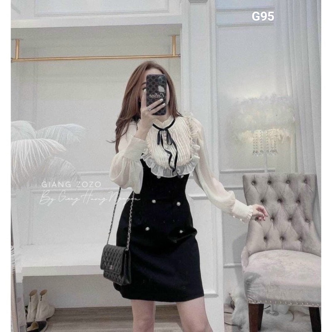 Đầm nữ cổ voan viền bèo ngực tay dài tay voan đính nút dáng xòe g95