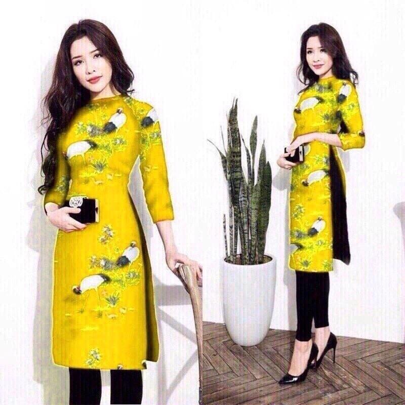 Áo dài cách tân nữ in họa tiết chim cò - Tặng 2 dây cột tóc xinh xắn cho đơn từ 149k