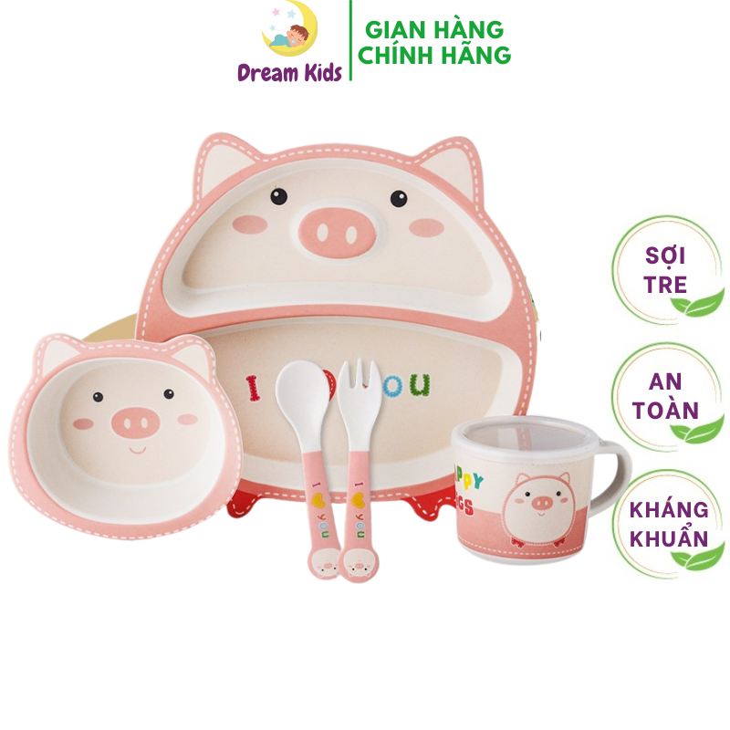 Khay ăn dặm sợi tre Bamboo Life an toàn cho bé- Bộ chén ăn dặm cao cấp 5 chi tiết thìa, dĩa, khay, bát, cốc- BL031