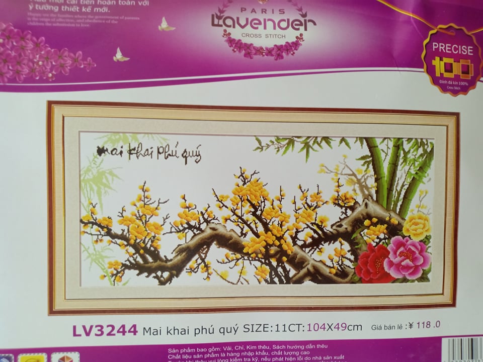 Tranh thêu chữ thập Mai khai phú quý LV3244