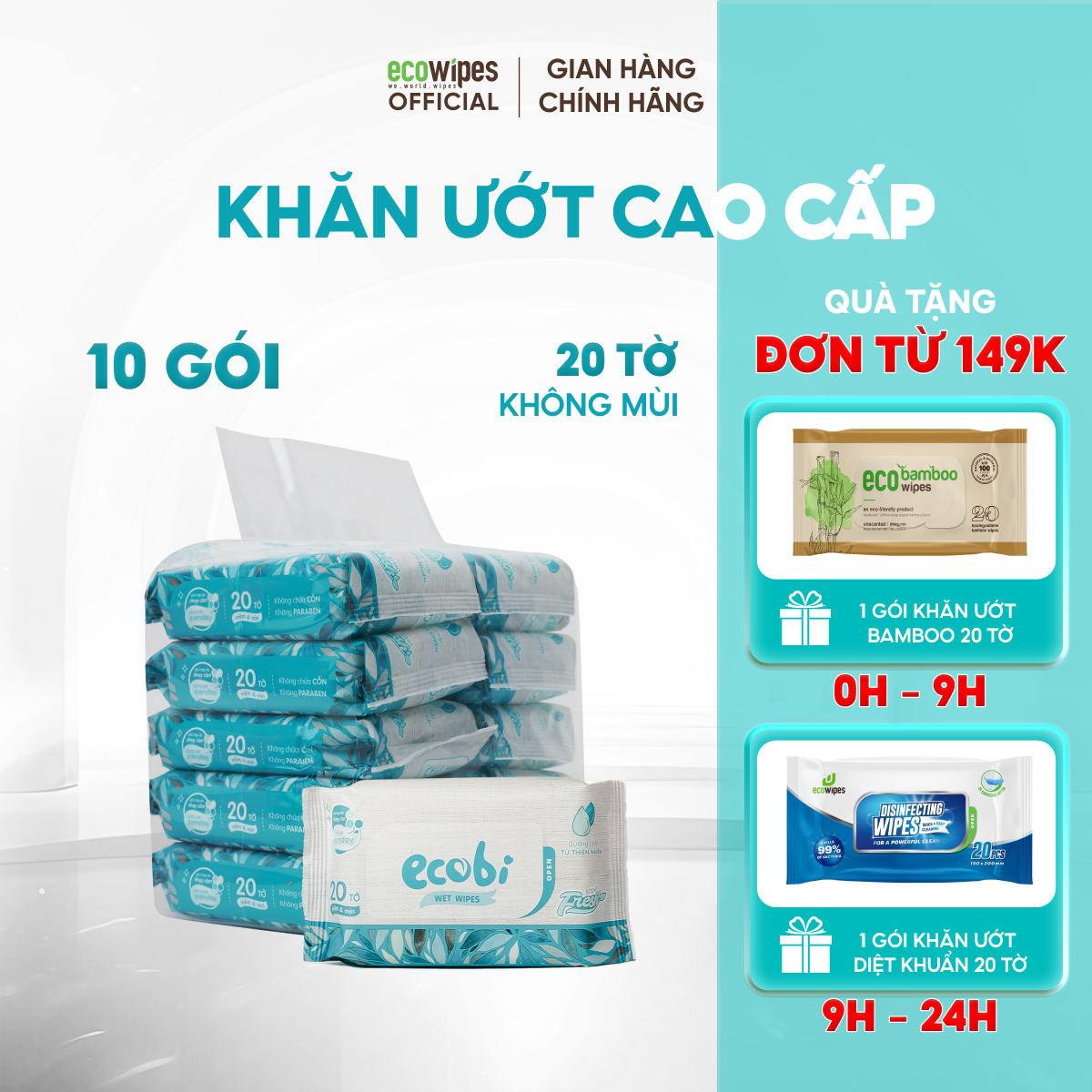 Thùng 10 gói khăn giấy ướt cao cấp an toàn cho bé Ecobi Ecowipes gói 20 tờ 110g không mùi không cồn không parabens