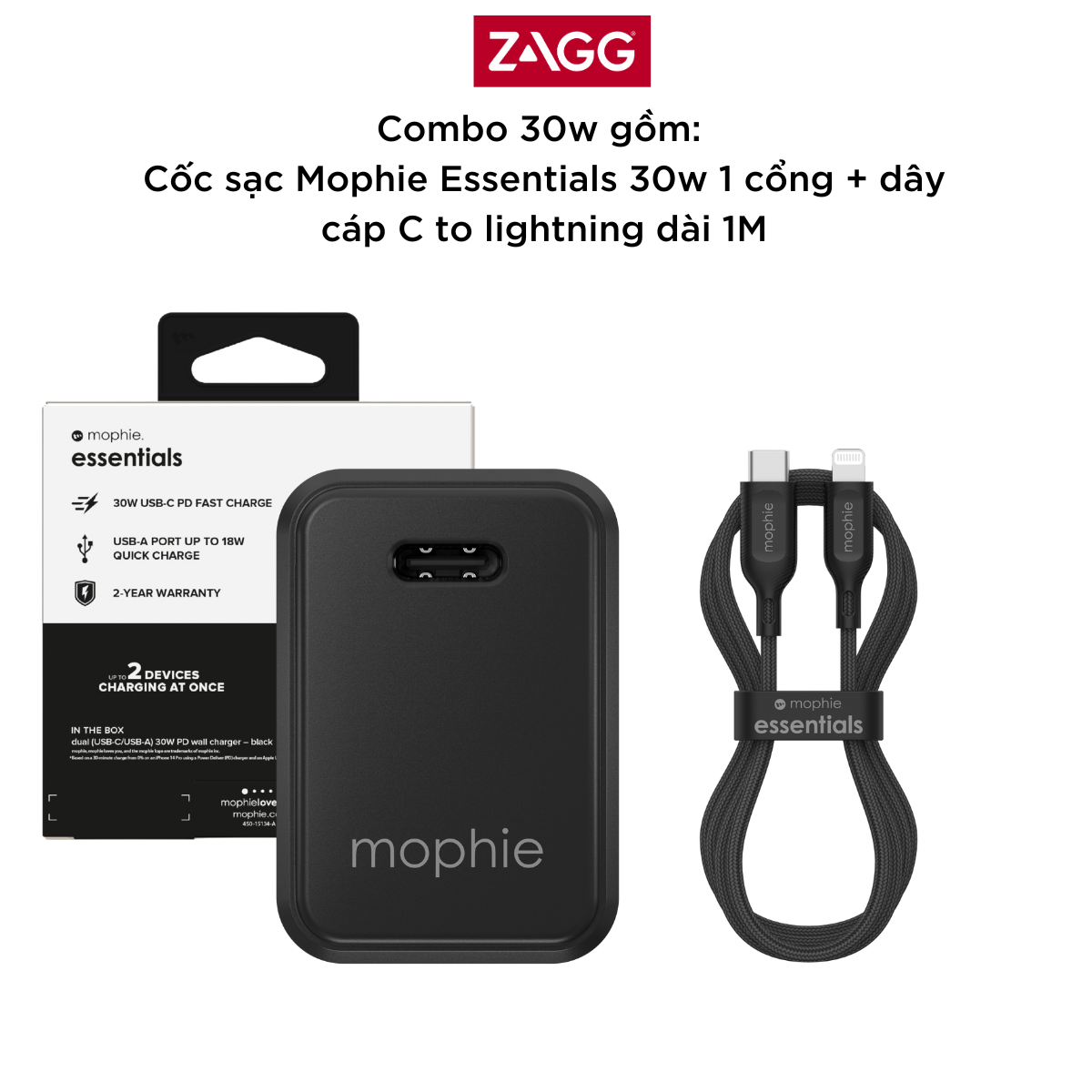 Combo sạc nhanh Mophie PD 30W cho iPhone/iPad (Sạc Mophie Essentials PD 30W USB-C và Cáp Mophie Essentials USB-C to Lightning 1m)