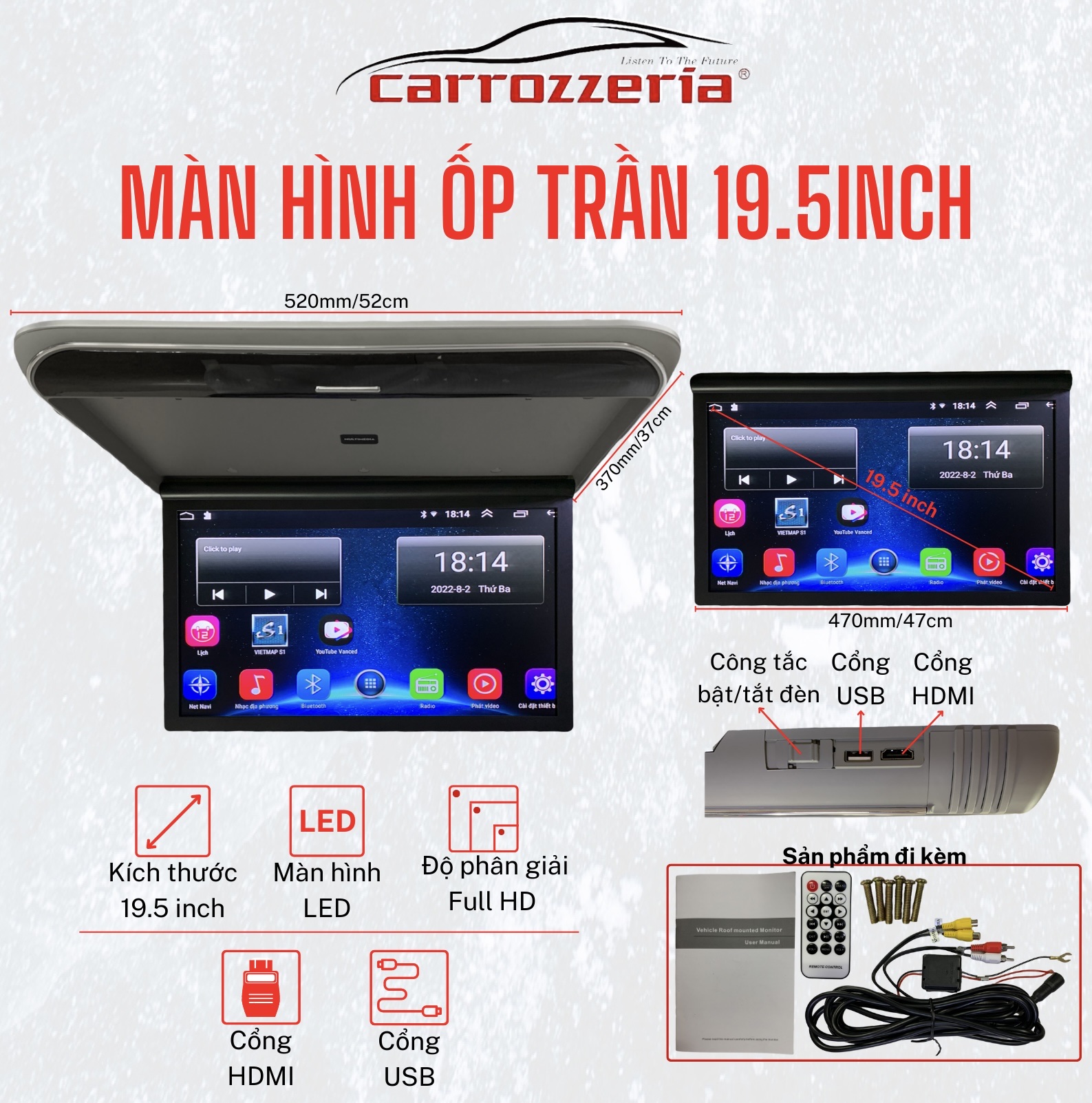 Màn hình tivi trần 19.5 inch/màn hình ốp trần có đèn led dành cho xe ô tô du lịch (màu xám)