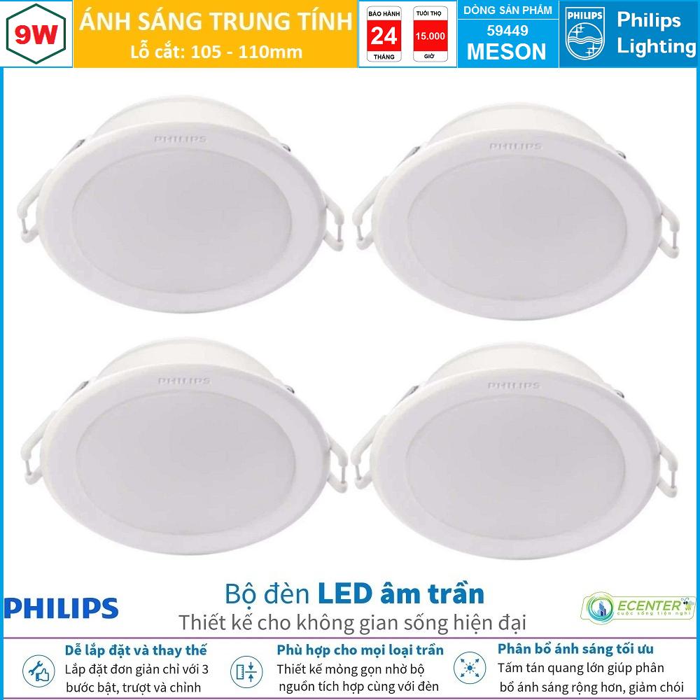 ( Bộ 4 ) Đèn Led Âm Trần 9W Philips Downlight 59449 MESON D105 ( Ánh Sáng Trắng  & Trung Tính & Vàng )