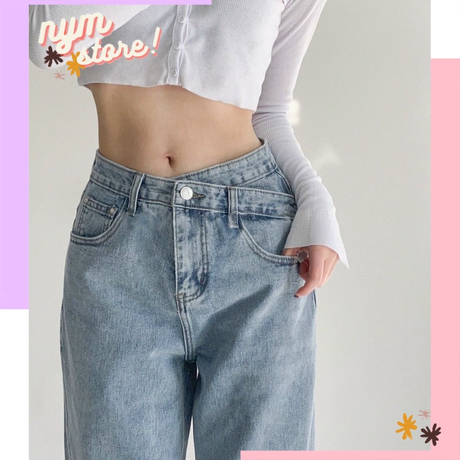 Quần bò nữ cạp chéo lưng cao ống rộng dáng suông ulzzang quần bò nữ ống đứng vải bò dày đẹp J8102